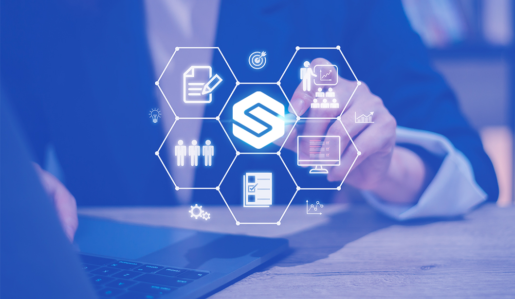 Representación digital de la gestión de seguridad con el logo de Sabentis.