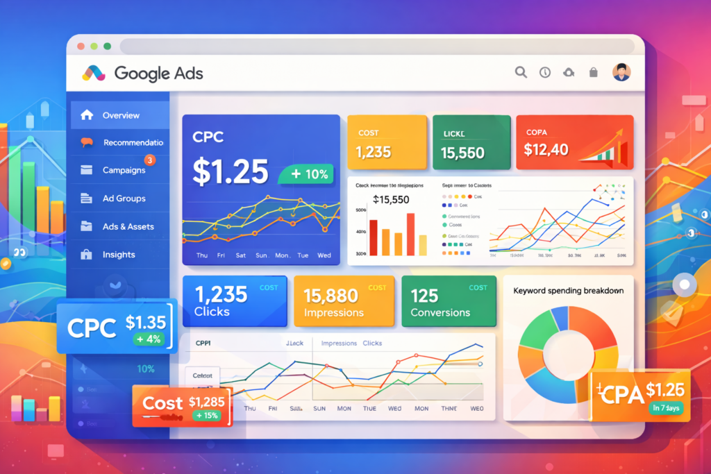 Panel de Google Ads con métricas en tiempo real que muestran cómo la inversión se mide y se controla con datos