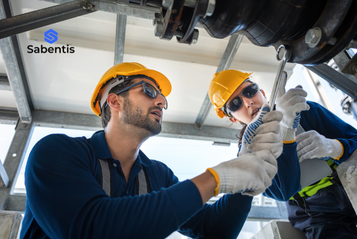 Two workers wearing safety helmets and gloves performing maintenance work, with the Sabentis logo