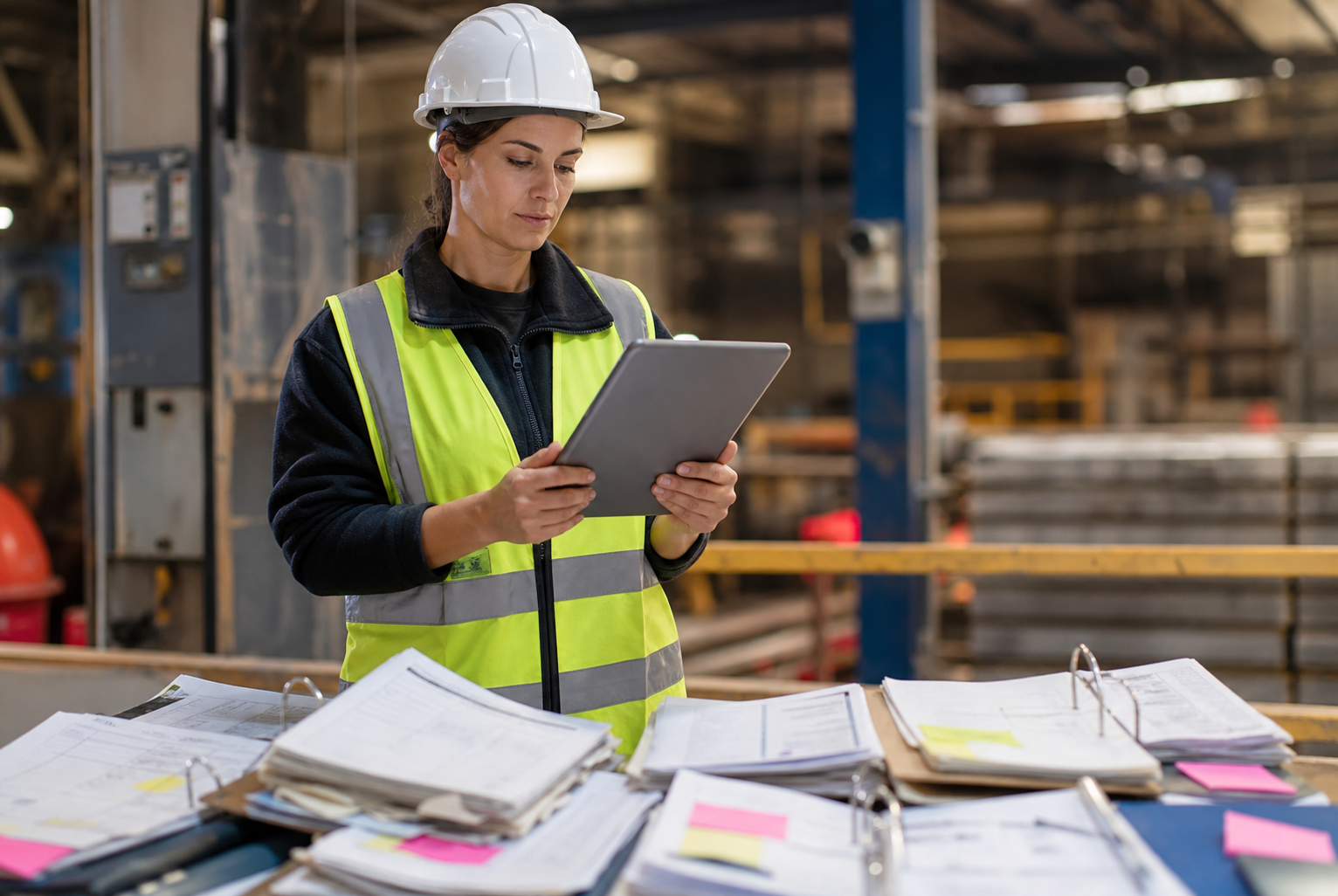 Profesional de seguridad y salud en el trabajo revisando documentos físicos junto a un portátil con un panel digital de gestión preventiva.