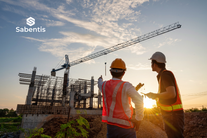 Two workers in helmets and high visibility vests reviewing work on a construction site at sunset, with a tower crane and a concrete structure under construction in the background.