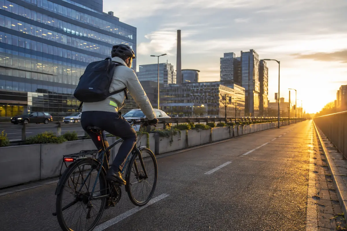 Trabajador se desplaza en bicicleta por un carril protegido hacia una zona empresarial al amanecer.