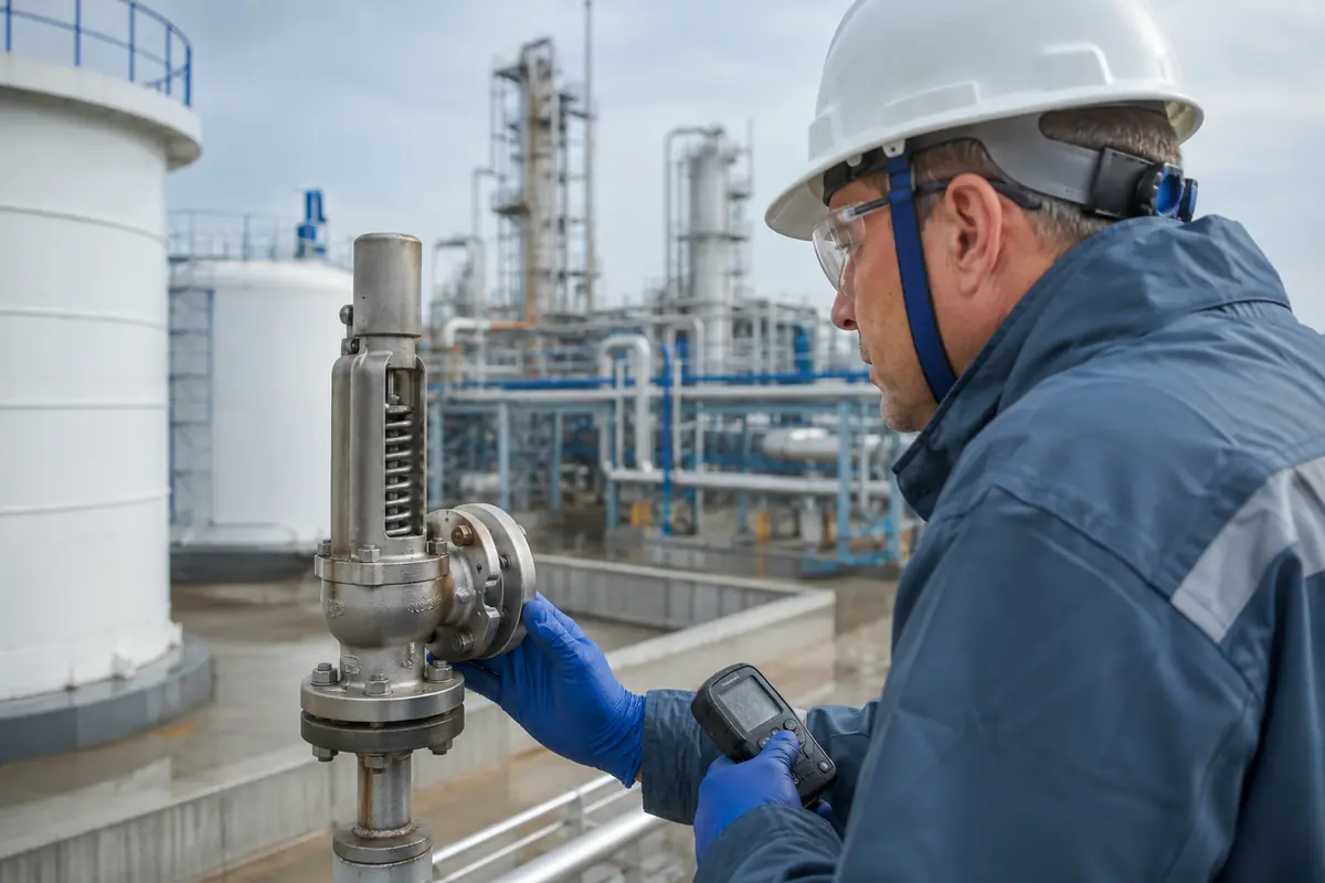 Técnico inspecciona una válvula de seguridad en una planta química con tanques y cubetos de retención.