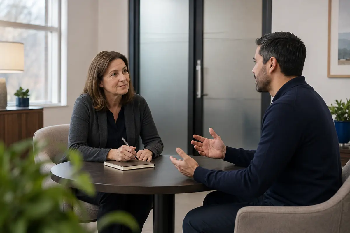 Profesional de recursos humanos escucha a un empleado durante una conversación confidencial sobre acoso laboral.