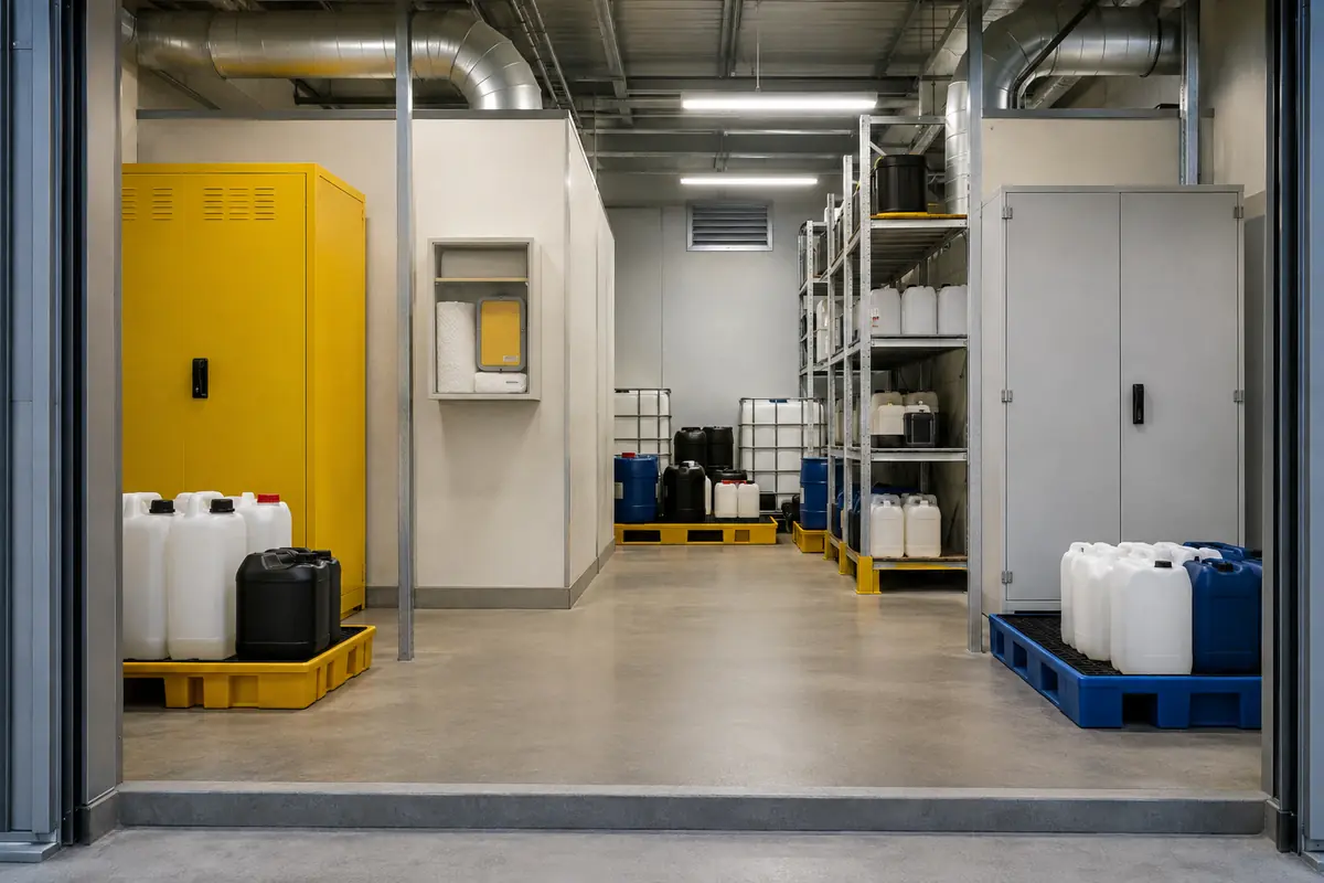 Almacén de productos químicos con cubetos y armario de inflamables.