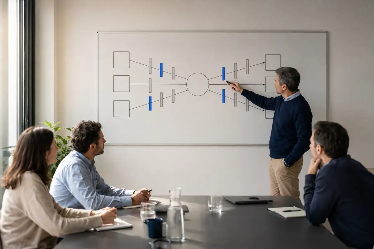 Facilitador explica un diagrama bow-tie de causas barreras y consecuencias a un equipo de trabajo.