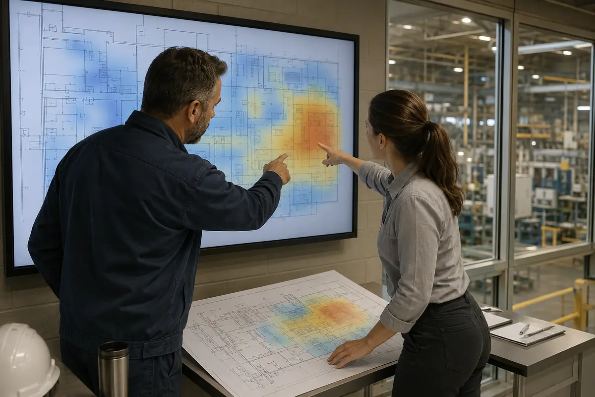 Técnico de prevención y analista comparan un mapa de calor de incidentes con el plano de una planta.