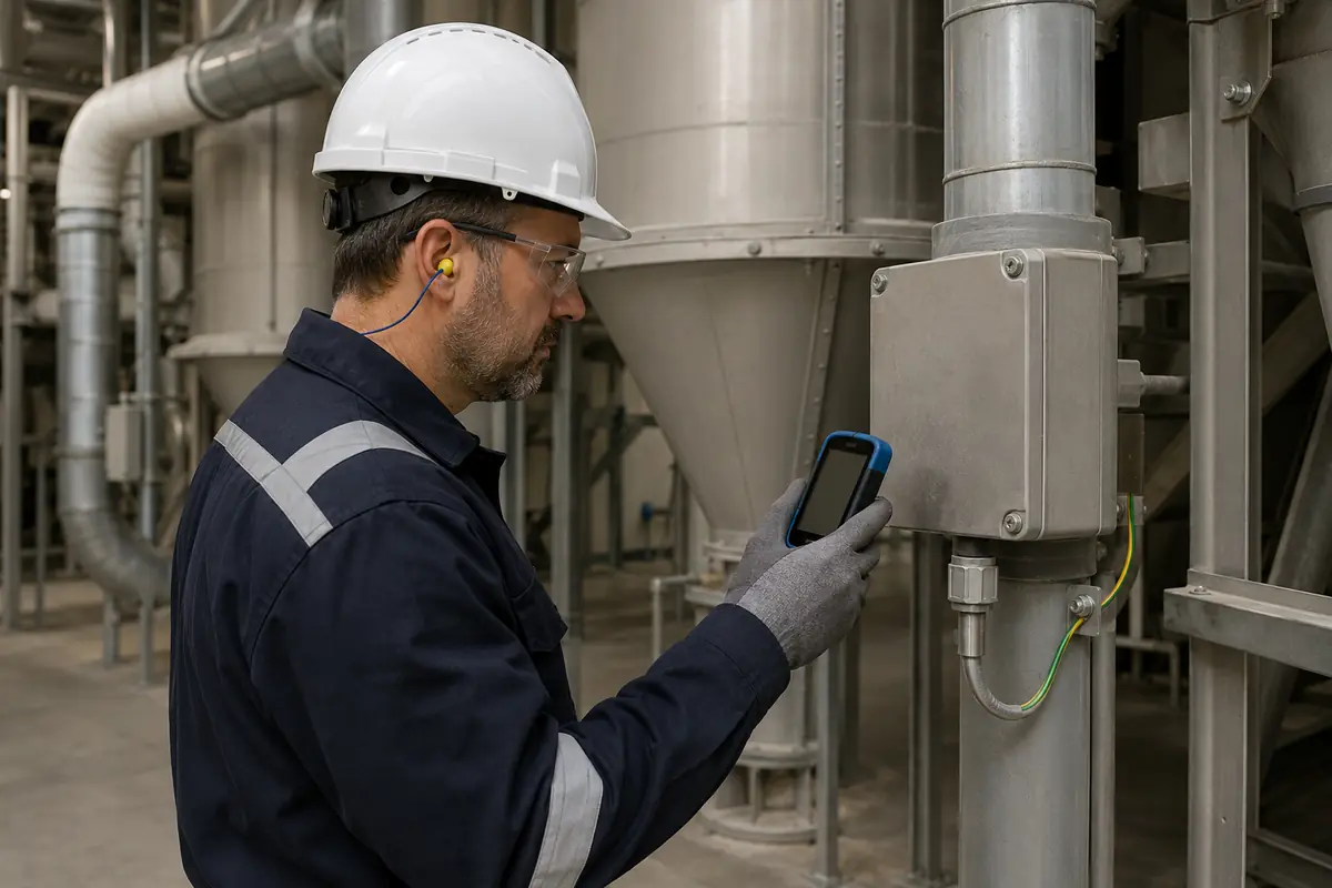 Técnico revisa una zona clasificada ATEX con un detector.