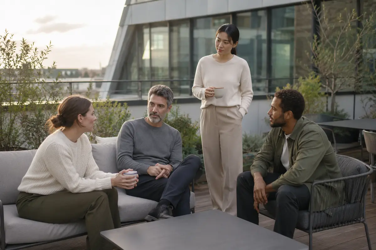 Cuatro personas conversan durante una pausa en la terraza de su empresa.
