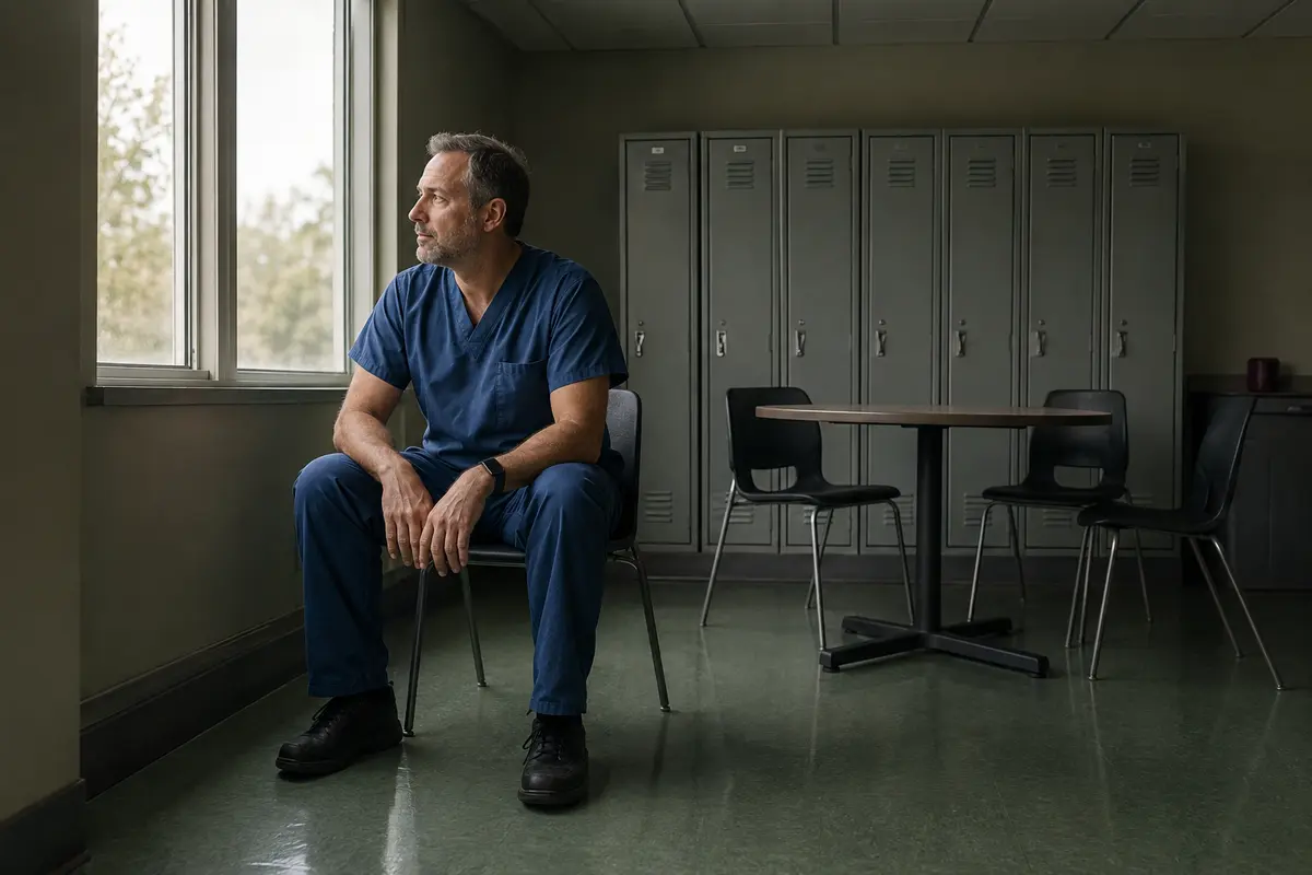 Enfermero descansa al final del turno en una sala de personal del hospital.