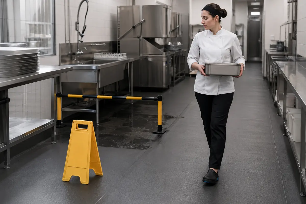 Cocina industrial con suelo antideslizante y señalización de suelo mojado.