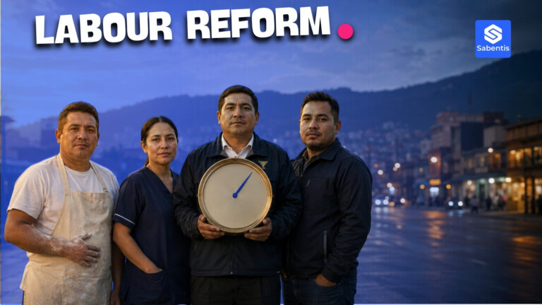 Four Colombian workers from different sectors holding a clock, symbol of the 2026 labour reform