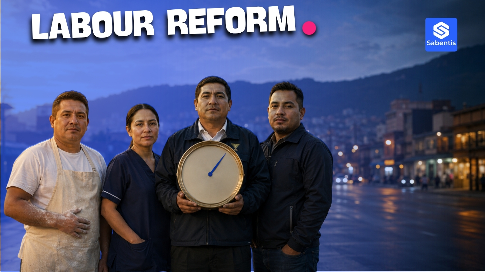 Four Colombian workers from different sectors holding a clock, symbol of the 2026 labour reform