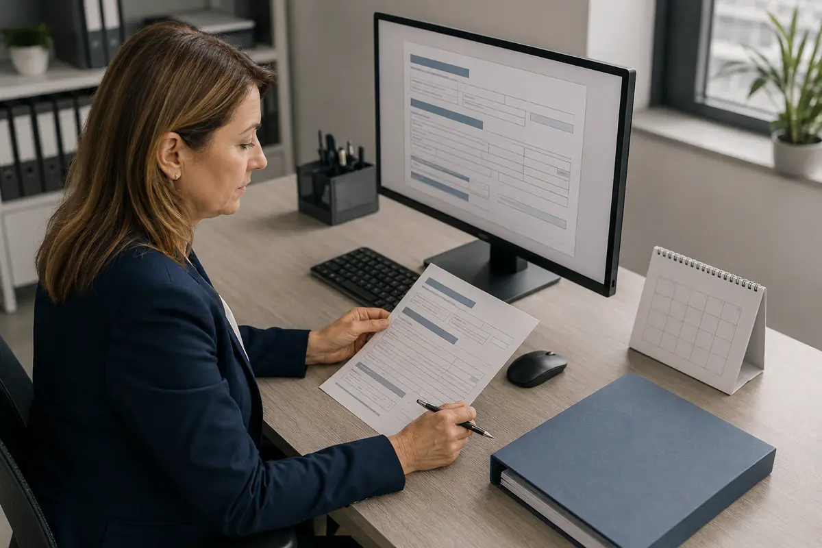 Responsable de recursos humanos contrasta un formulario digital de accidente con el parte y el calendario.