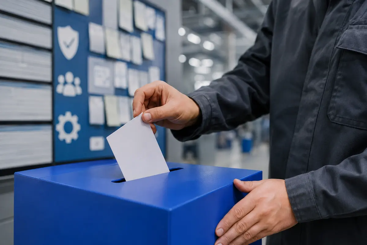 Persona trabajadora deposita una propuesta en un buzón azul de mejora preventiva.