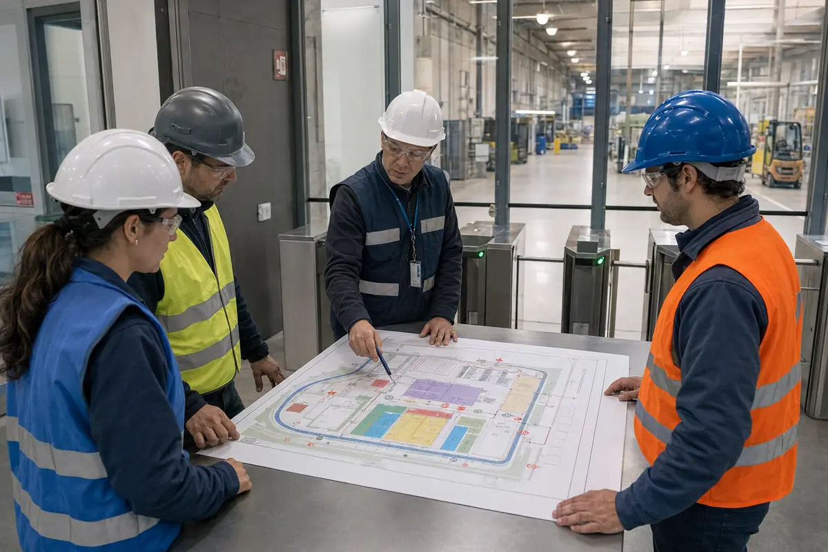 Representantes de varias empresas coordinan accesos y zonas de trabajo antes de entrar en una planta industrial.