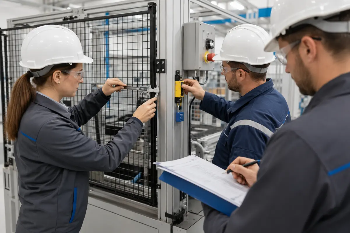 Técnica mide un resguardo mientras se verifica el enclavamiento y se registra la inspección.