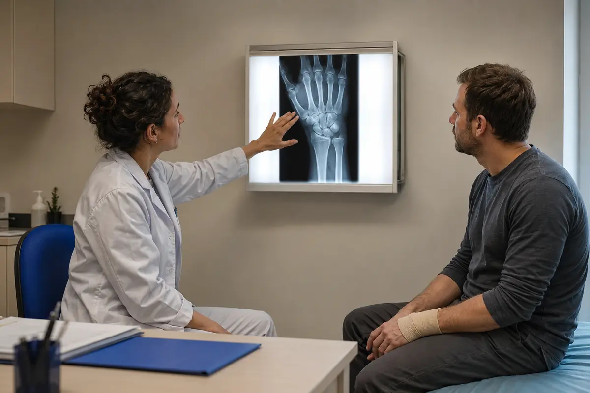 Médica del trabajo revisa una radiografía de muñeca con un trabajador que lleva un vendaje discreto.
