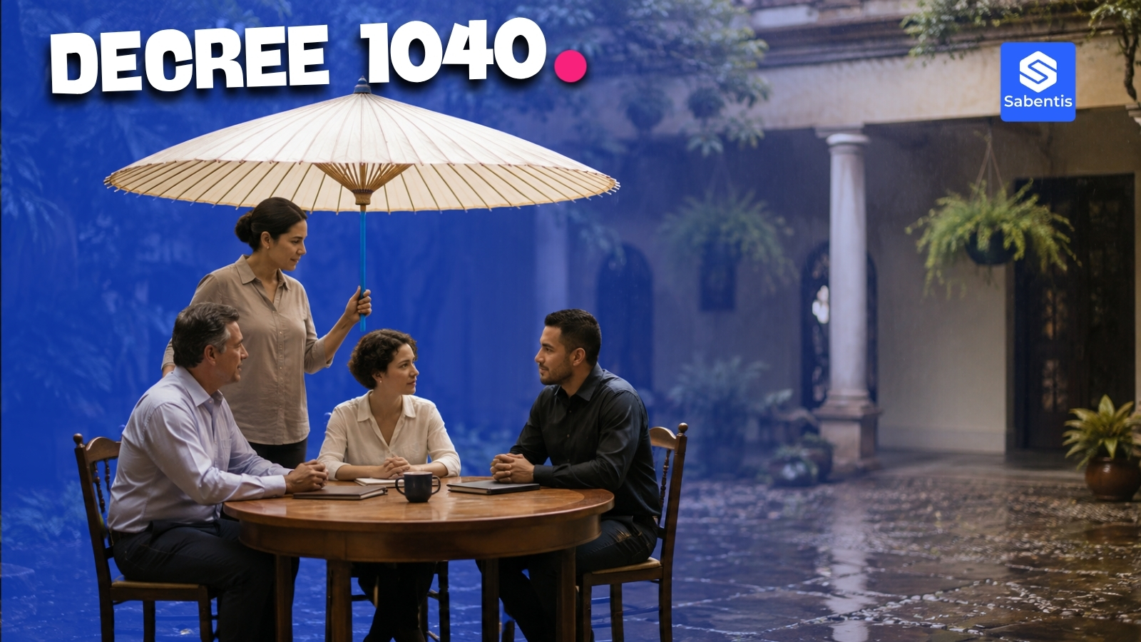 Co-workers sheltered under a large paper umbrella, symbol of Decree 1040 of 2026 against workplace harassment