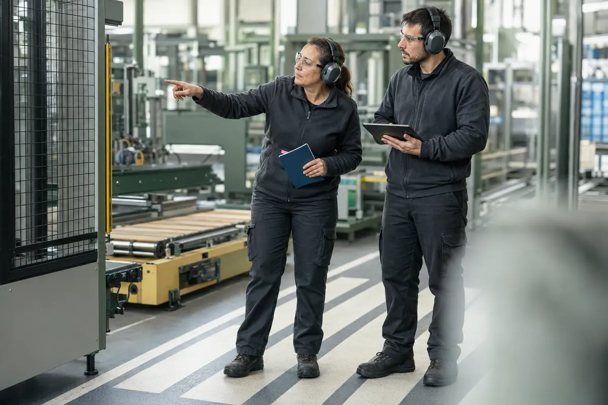 Delegada de prevención acompaña al técnico durante la evaluación de riesgos de la nave.
