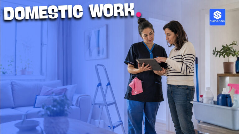 Domestic worker and household employer reviewing a tablet, occupational risk prevention in domestic work