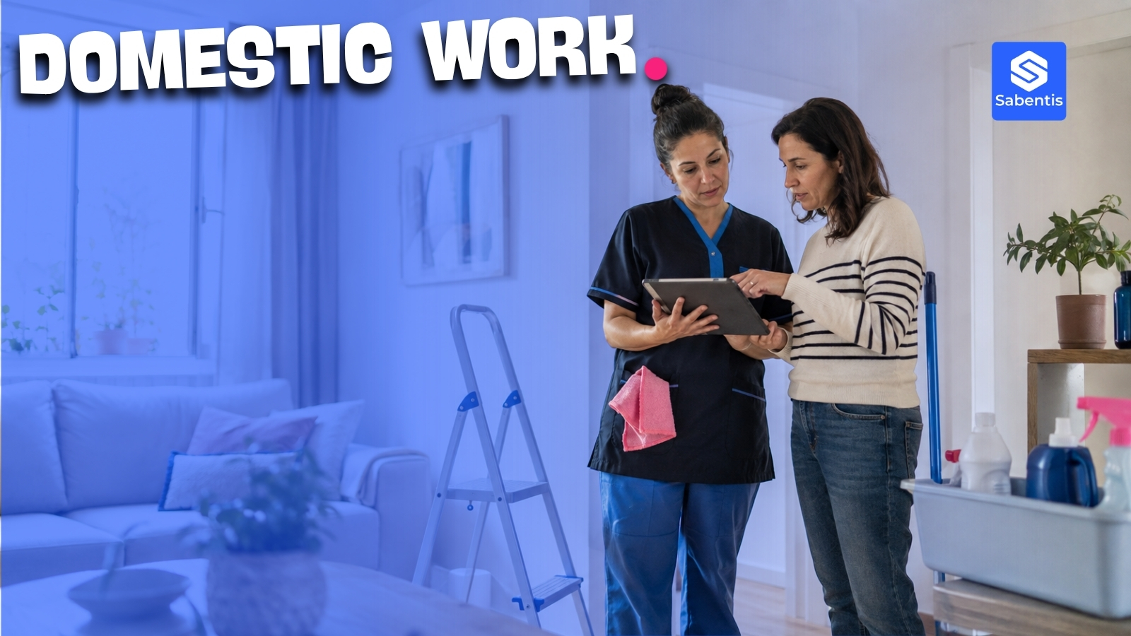 Domestic worker and household employer reviewing a tablet, occupational risk prevention in domestic work