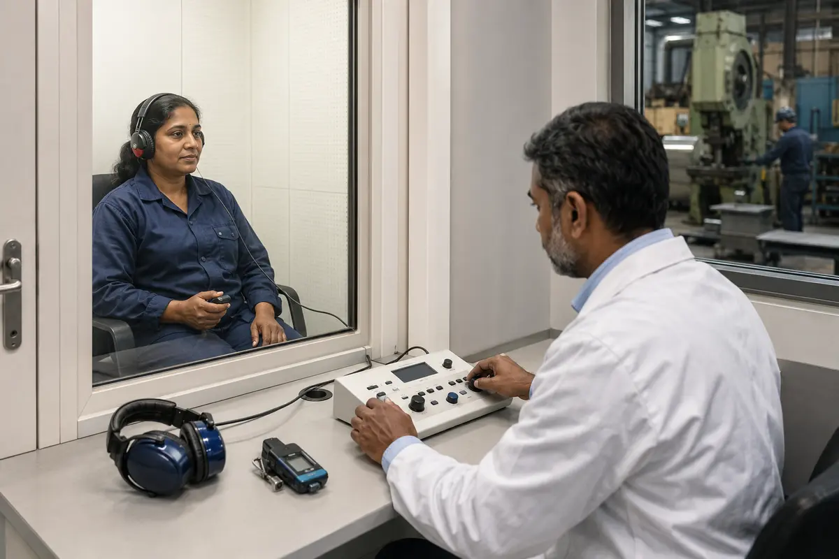 Trabajadora de un taller realiza una audiometría en una cabina mientras un profesional de salud laboral controla el equipo.