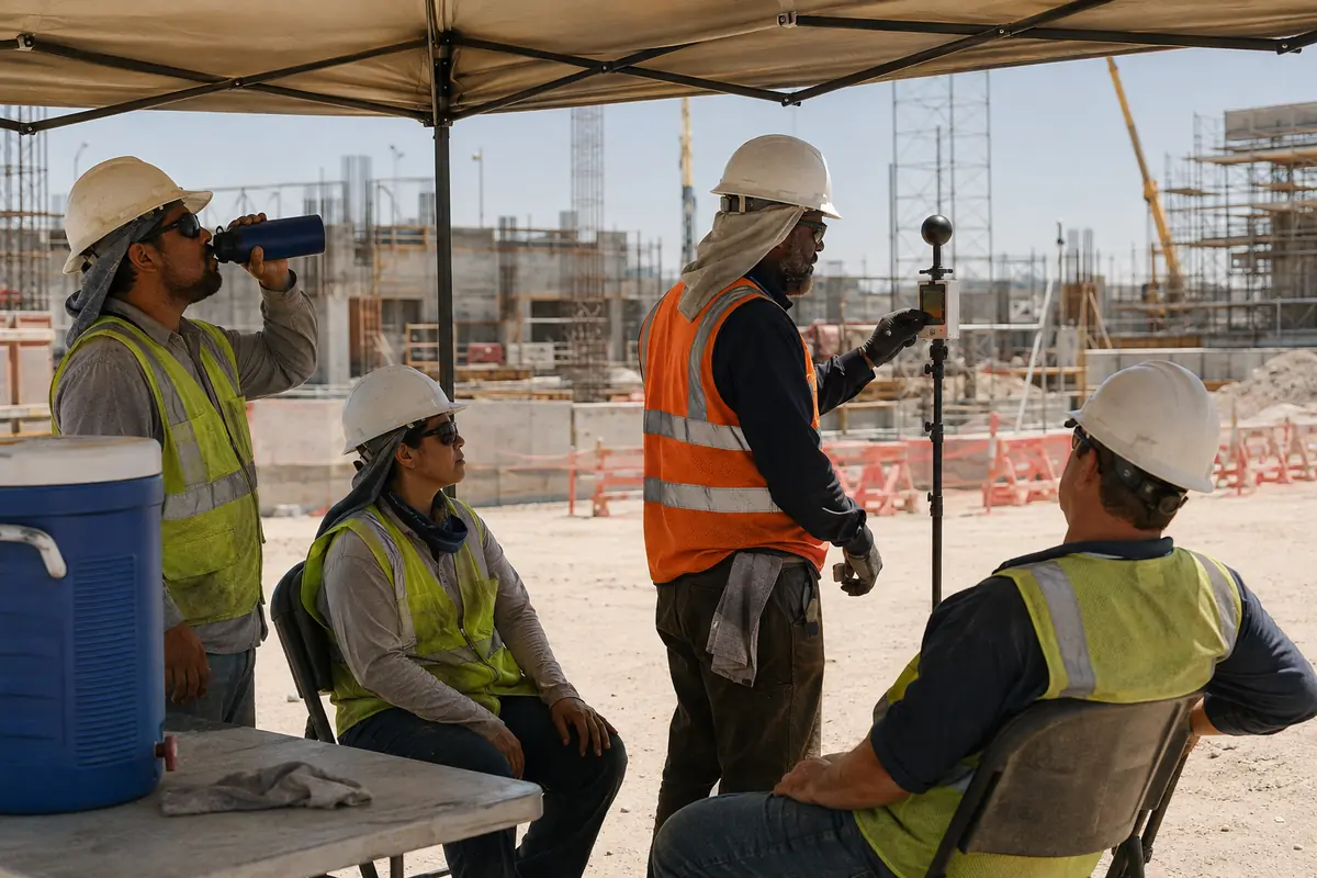 Cuatro operarios realizan una pausa a la sombra con agua mientras uno comprueba un medidor WBGT en una obra al sol.