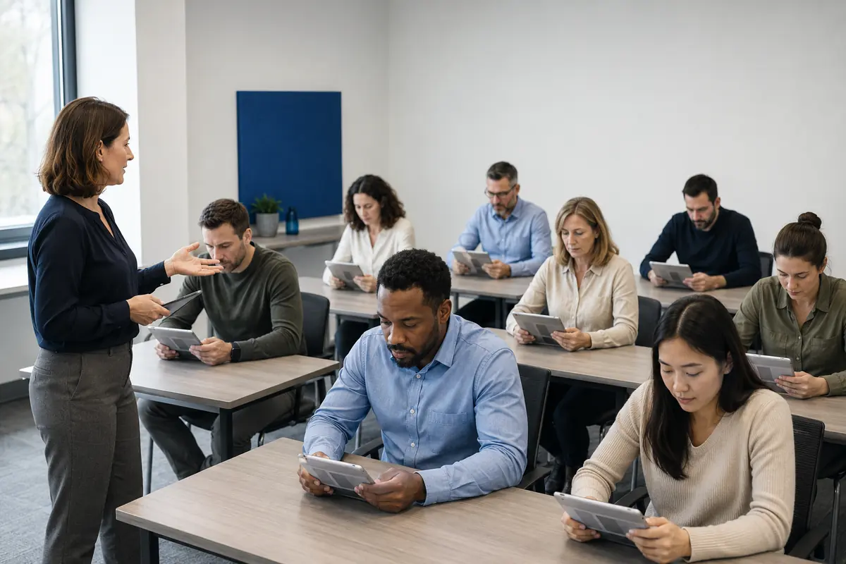 Trabajadores cumplimentan cuestionarios en tabletas durante una evaluación de riesgos psicosociales.