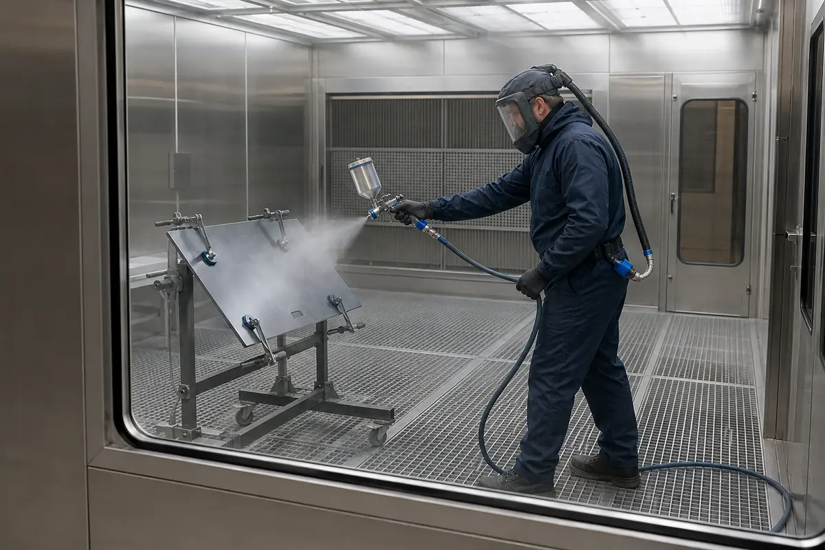 Pintor industrial aplica un recubrimiento dentro de una cabina cerrada con extracción y protección respiratoria.
