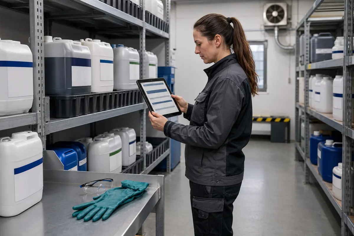 Operaria consulta en una tableta la ficha de datos de seguridad antes de utilizar productos almacenados.
