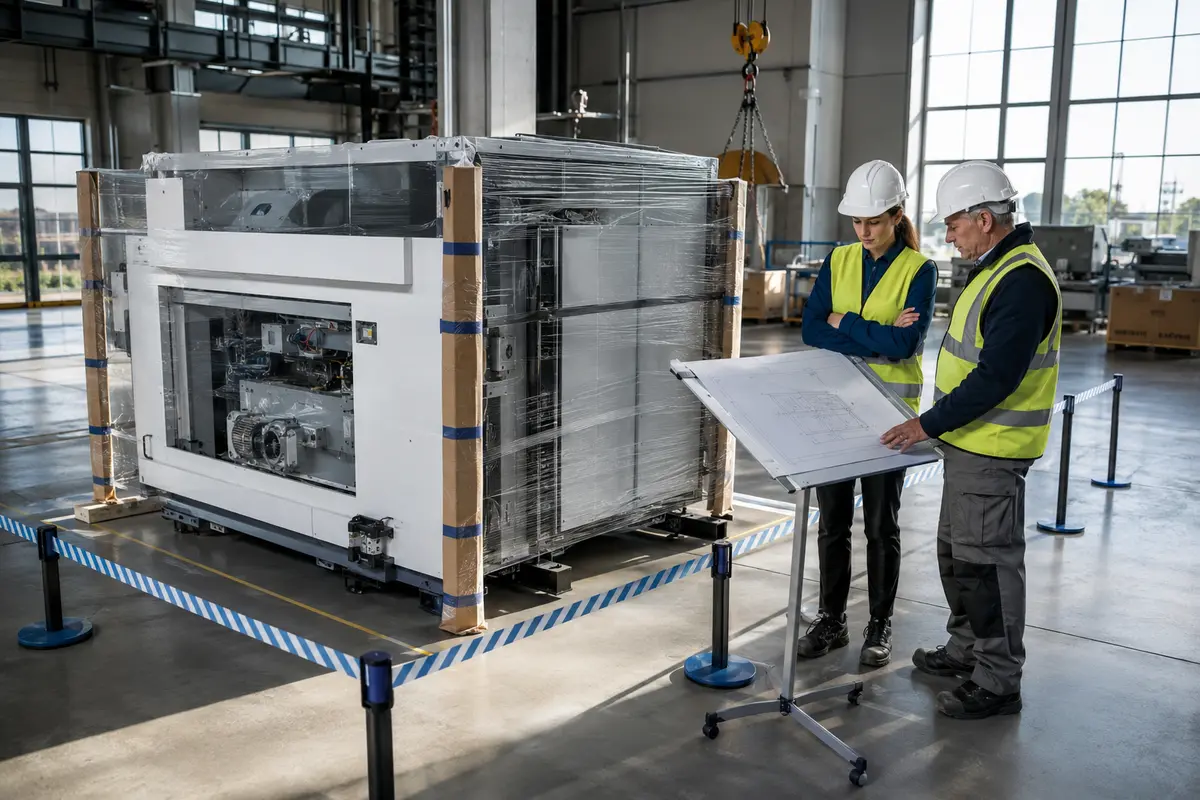 Ingeniera y técnico de prevención revisan una máquina nueva antes de su puesta en marcha.