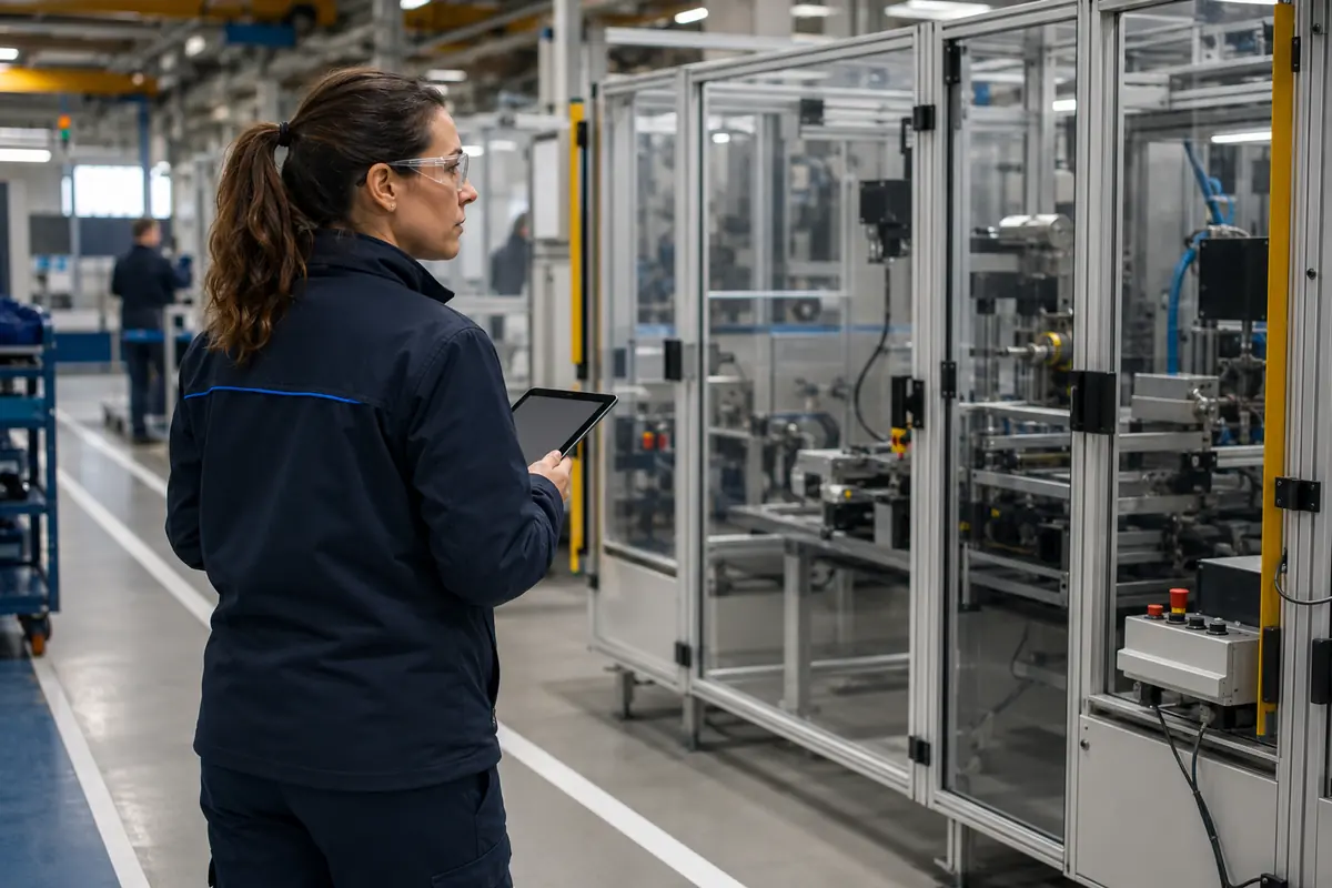 Técnica de prevención observa una línea de producción protegida durante la identificación de peligros.