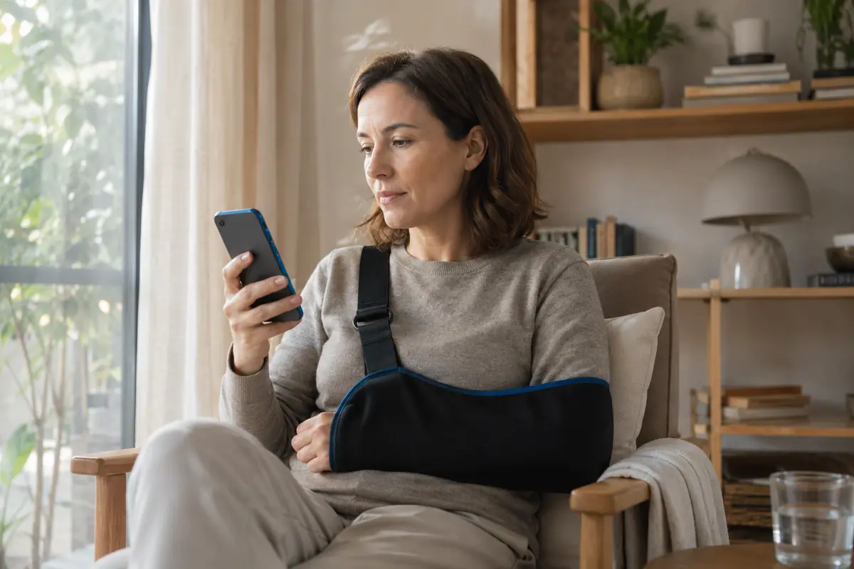 Trabajadora con el brazo inmovilizado consulta el móvil durante su recuperación en casa.