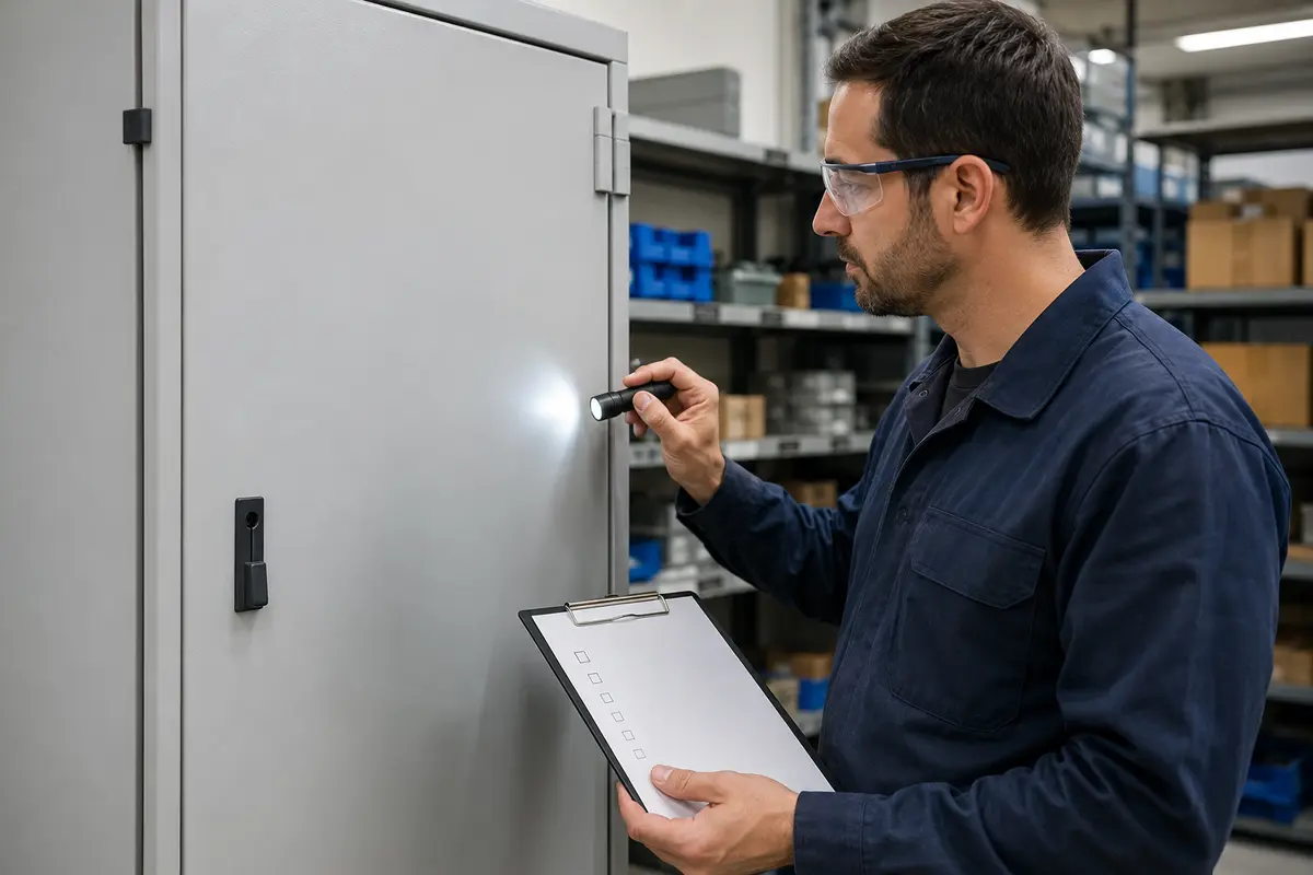 Técnico realiza una inspección planificada de un cuadro eléctrico cerrado con linterna y lista de comprobación.
