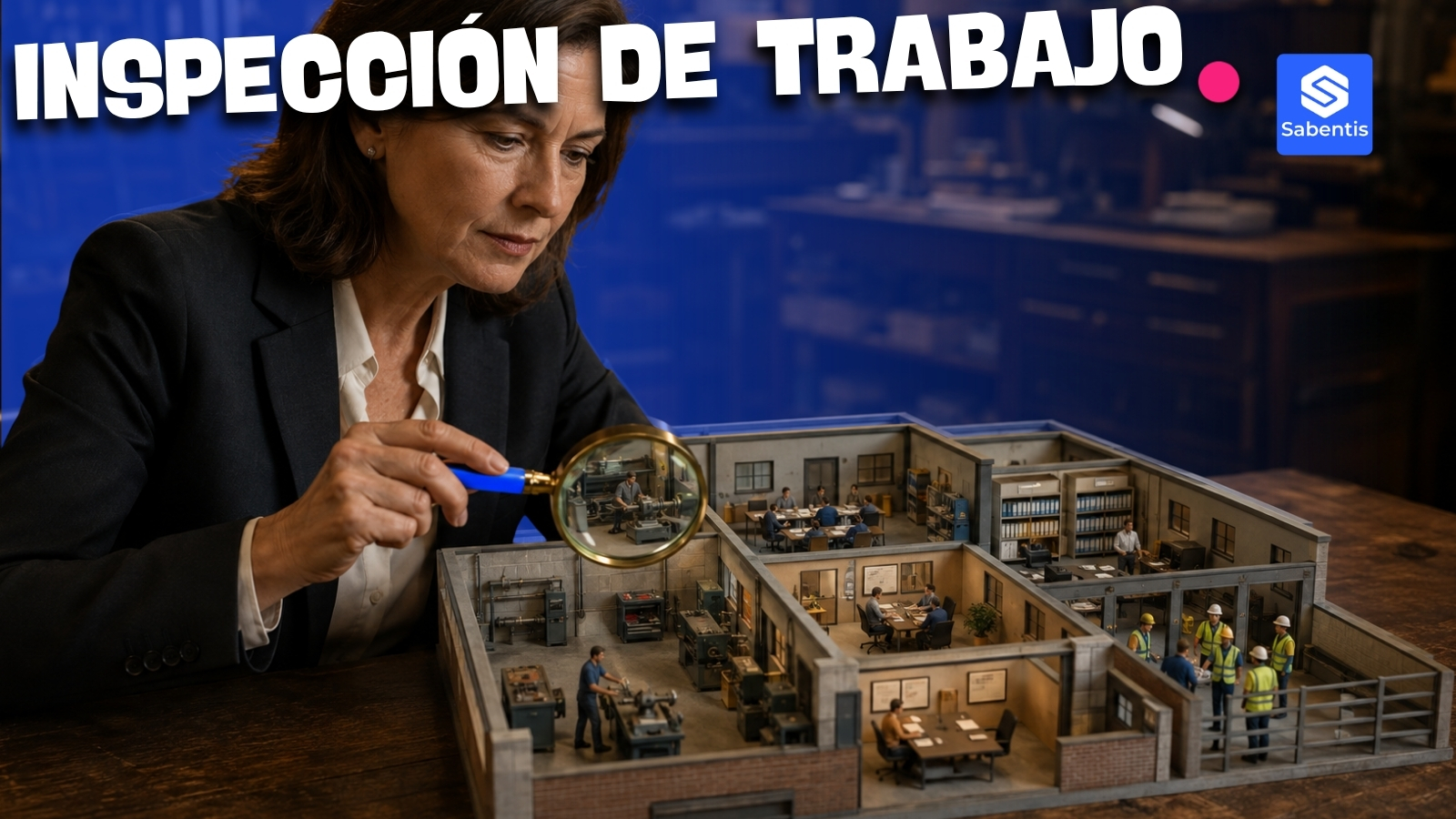 Inspectora examinando con lupa una maqueta de fábrica, símbolo de lo que revisa la Inspección de Trabajo en PRL