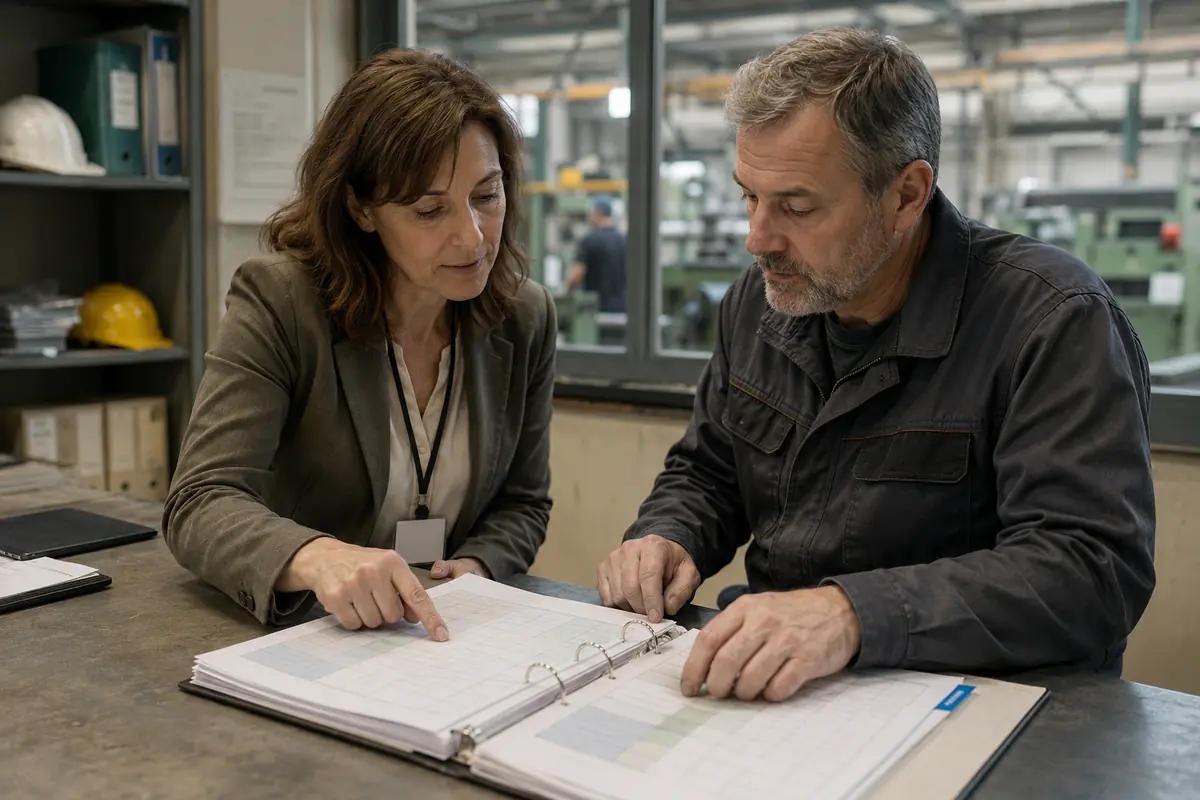 Inspectora de trabajo revisa la documentación preventiva con el responsable de la empresa.