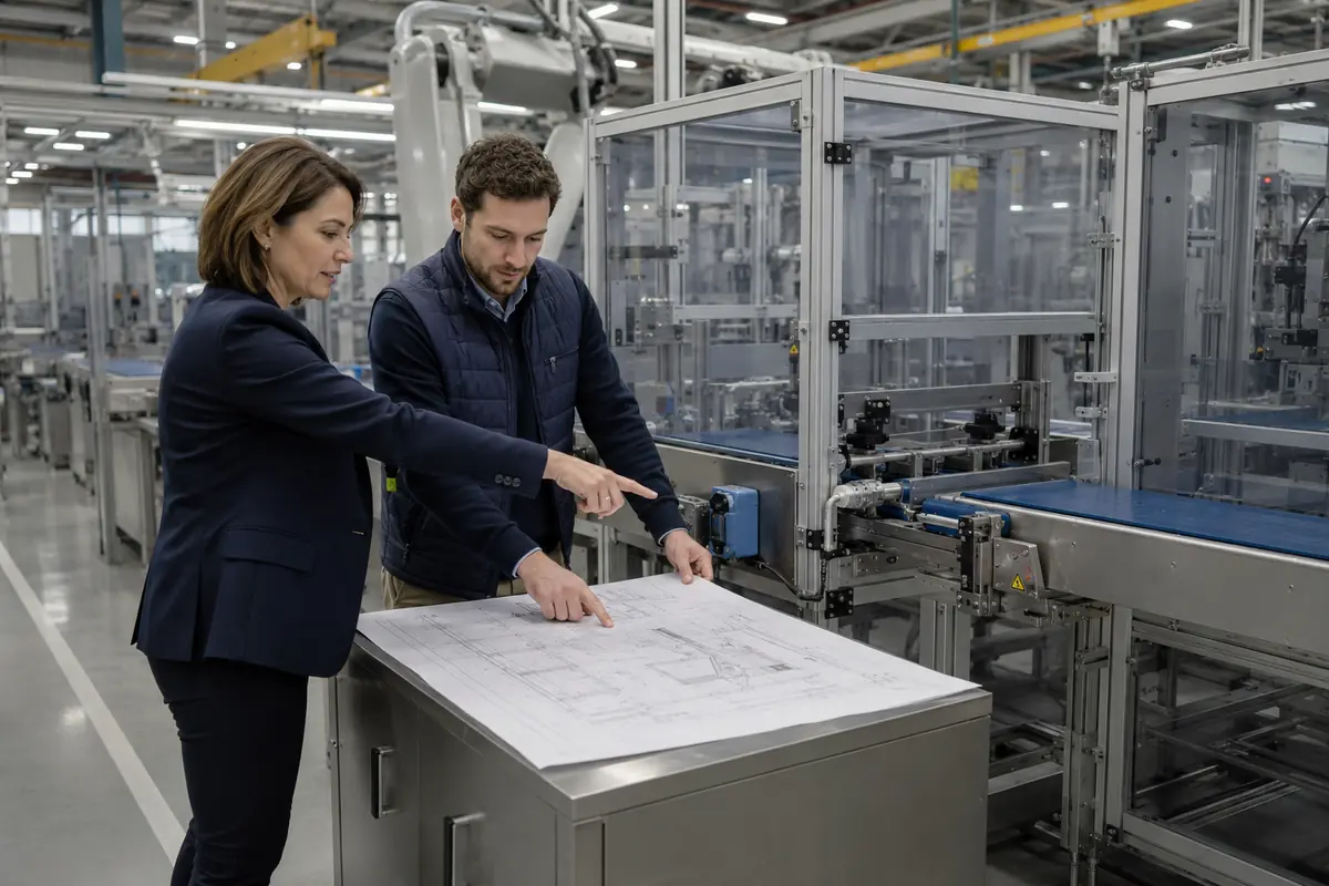 Jefa de producción y técnico de prevención evalúan juntos una modificación en una línea protegida.