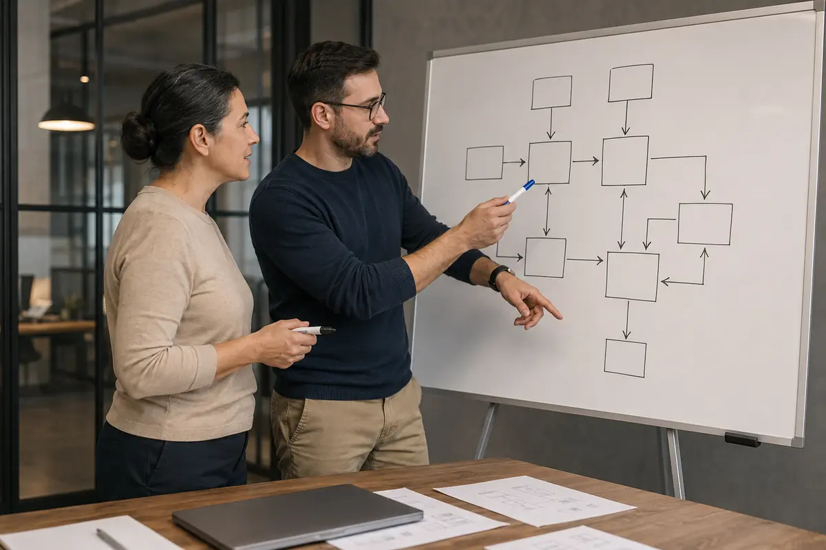 Profesionales de sistemas y prevención diseñan un flujo de integración entre aplicaciones empresariales.