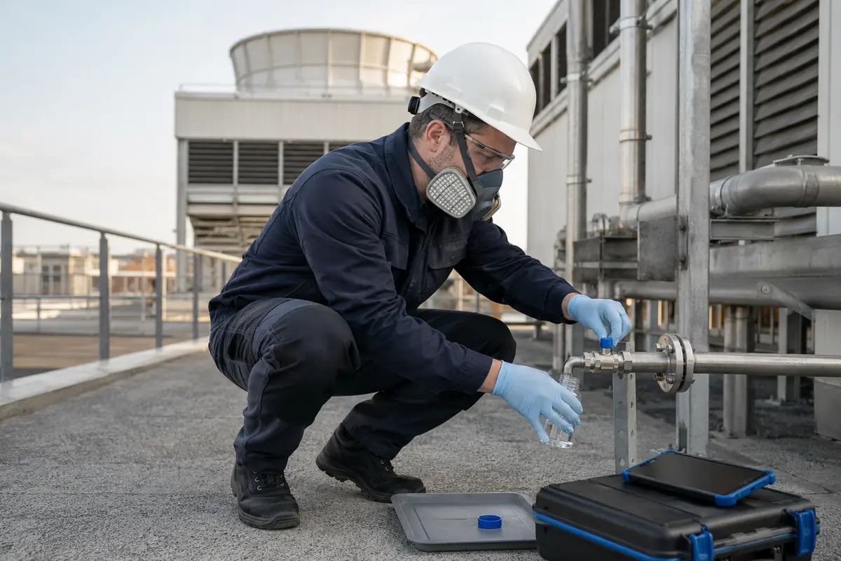 Técnico toma una muestra de agua en una torre de refrigeración para el control de legionela.