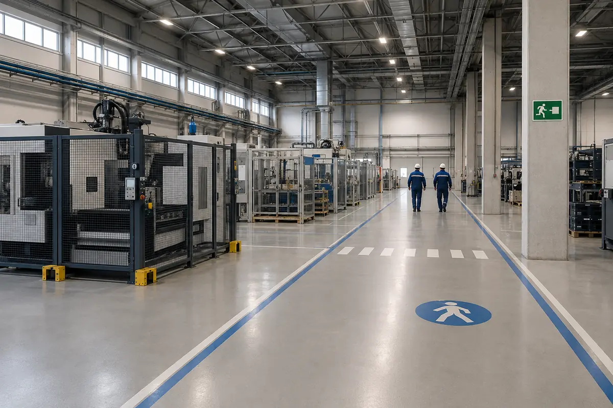 Nave industrial ordenada con máquinas protegidas y vías de circulación señalizadas.