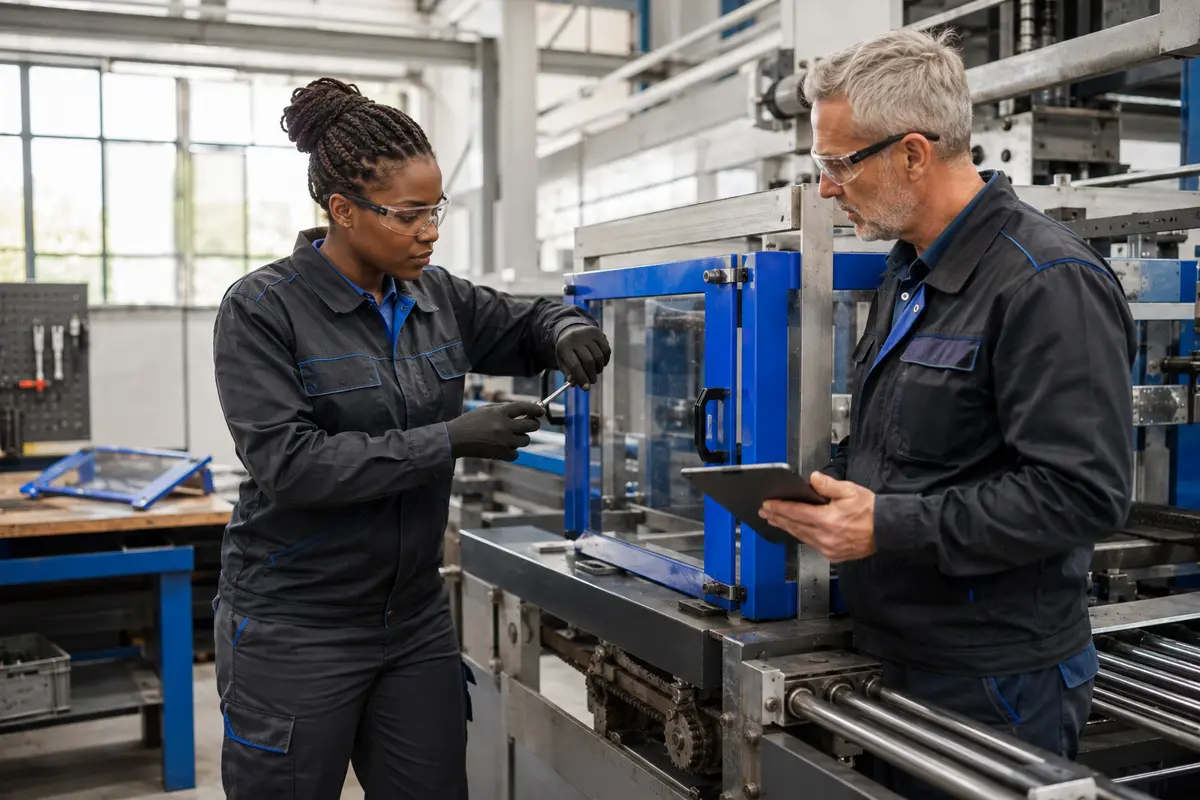 Una técnica instala un nuevo resguardo azul en una máquina mientras un responsable verifica la corrección.