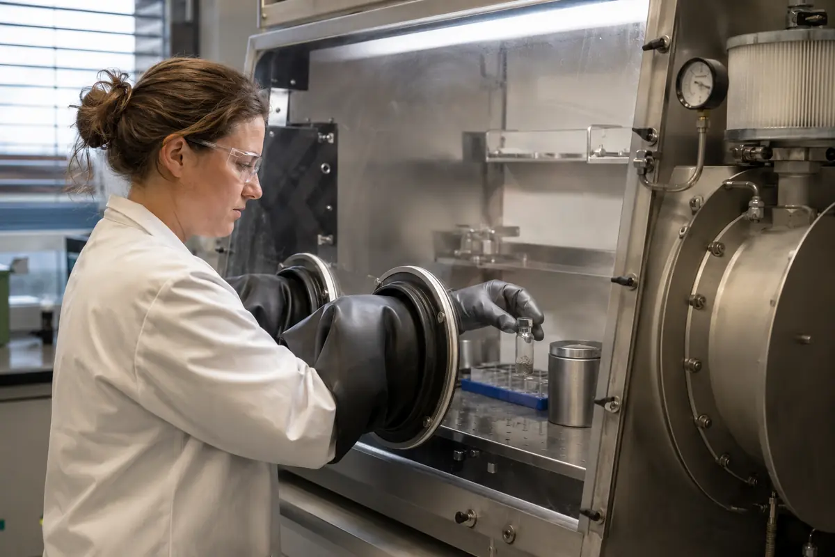 Investigadora manipula nanomateriales en una cabina de guantes.