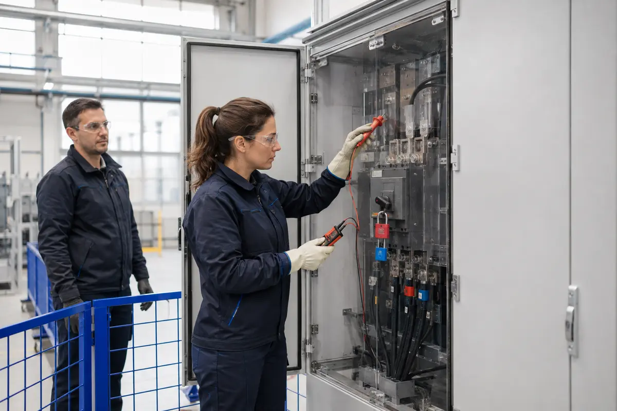 Una electricista comprueba un cuadro eléctrico aislado y bloqueado dentro de una zona de trabajo protegida.