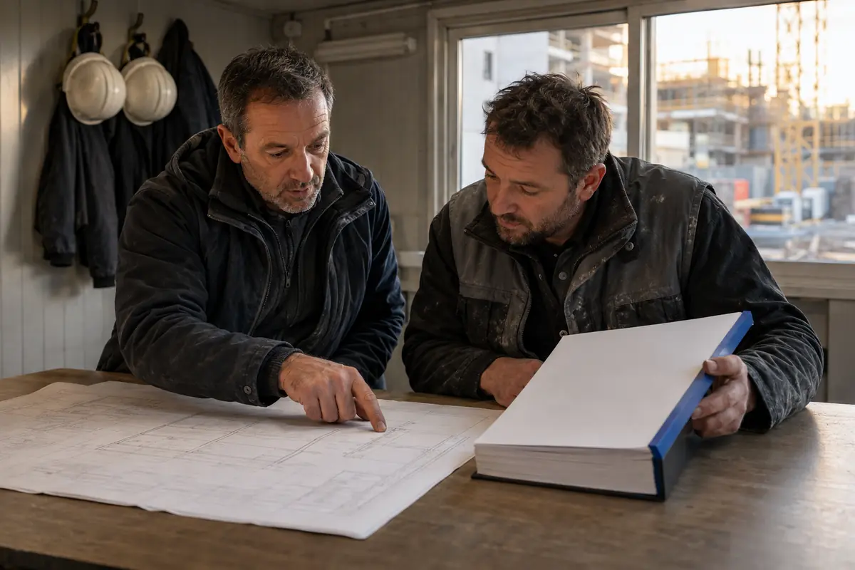 Jefe de obra y encargado revisan un plano junto a un plan encuadernado.