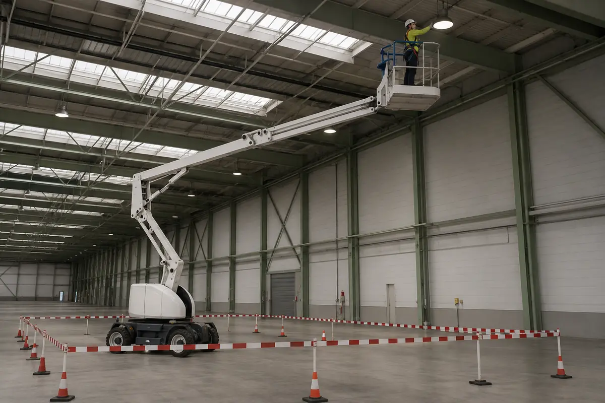 Operaria inspecciona una luminaria desde la cesta protegida de una plataforma elevadora.