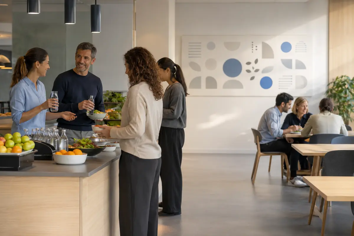 Personas trabajadoras eligen fruta agua y comida equilibrada en el comedor de empresa.