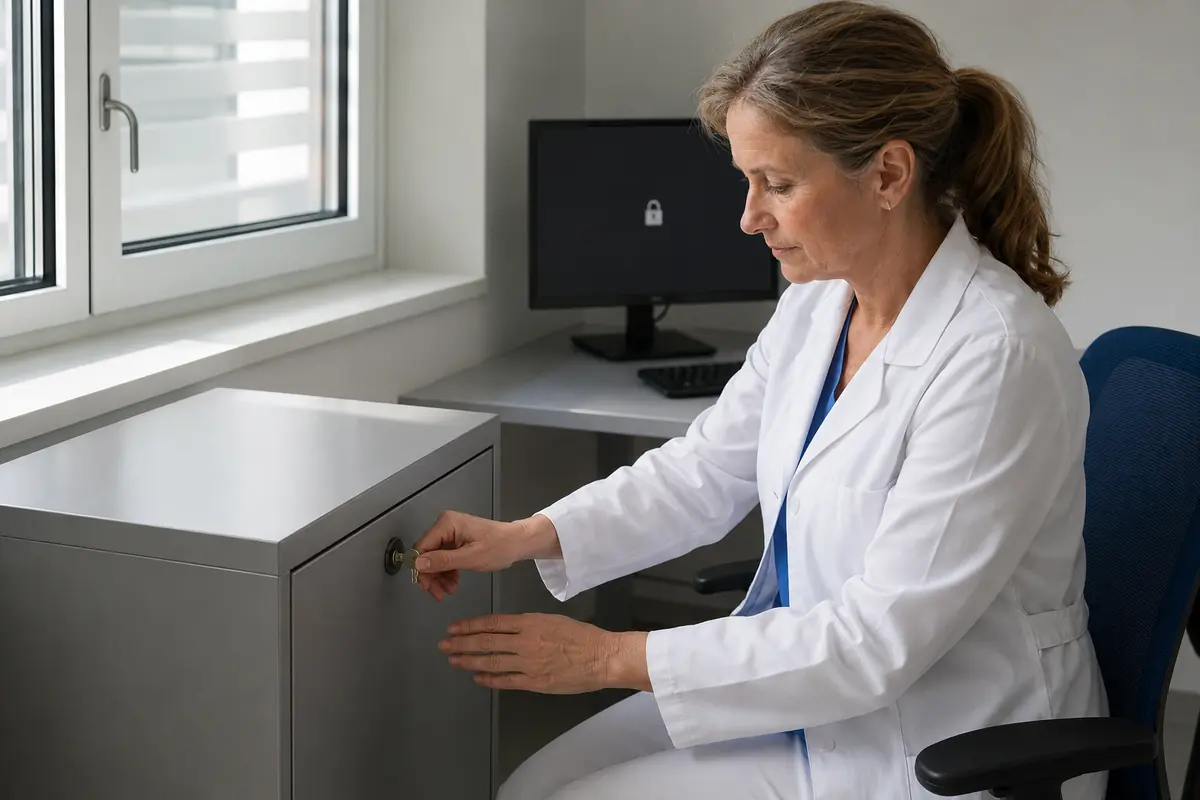 Médica del trabajo cierra con llave un archivador de documentación sanitaria junto a un ordenador bloqueado.