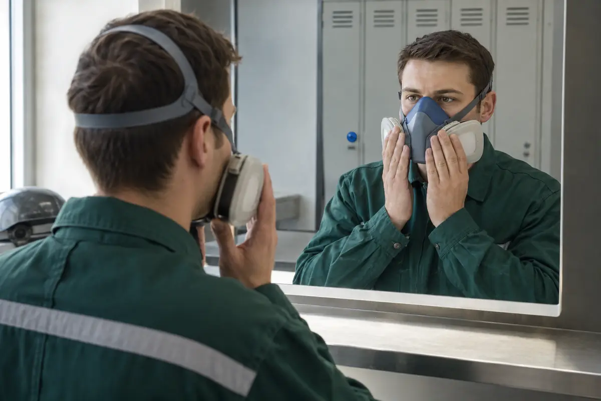 Operario comprueba ante un espejo el sellado de una máscara respiratoria de doble filtro.