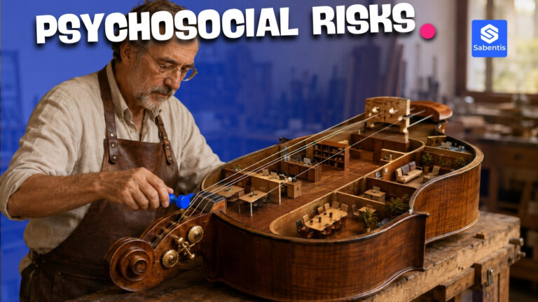 Luthier tuning an instrument shaped like an office, metaphor for psychosocial risk assessment